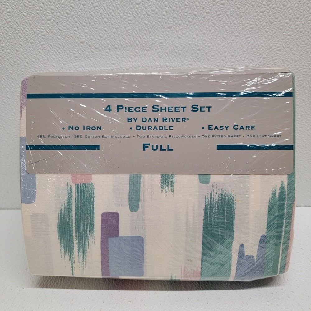 Vintage Dan River Full 4 Piece Sheet Set Caslind Pattern Brush Strokes Retro